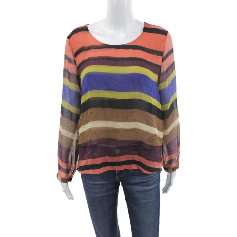 Maeve Anthropologie Women Striped Silk Scoop Neck Long Sleeve Blouse Size M